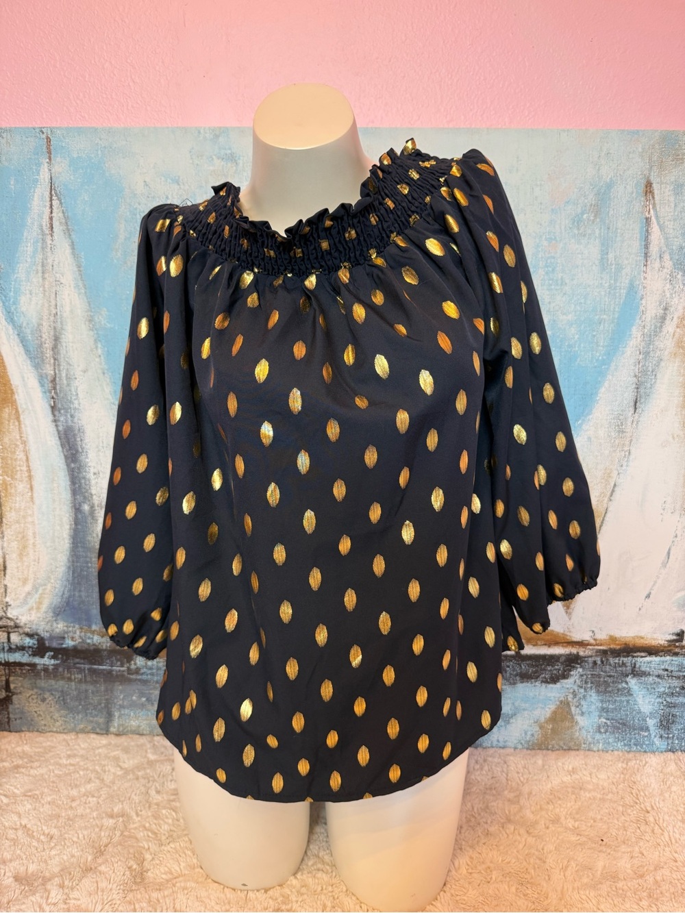 SHEIN Navy Blouse with Gold Metallic Dot Smocked Neck